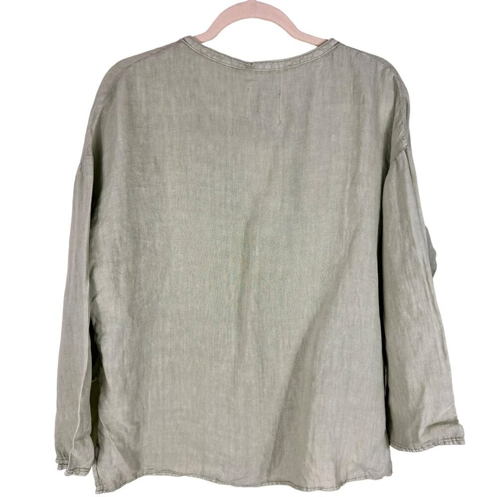 Zara Sage‎ Green Oversized Linen Long Sleeve-Slit Blouse Size Small - Picture 10 of 15